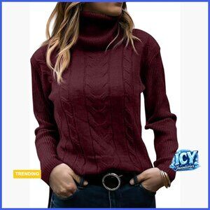 Acrylic Turtleneck Pullover Sweater Long Sleeve Cable Knit Slim Fit